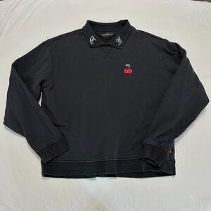 Teddy Fresh Mens Large Black Pullover Sweatshirt Collar Cherry Embroidered